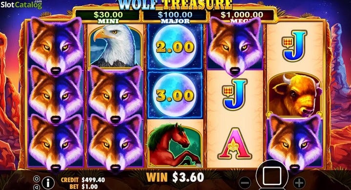 Wolf Treasure slot base game showing 5x3 reels with wolf symbols and desert backdrop