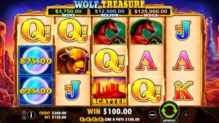 Wolf Treasure free spins bonus with giant 3x3 wolf wild symbol